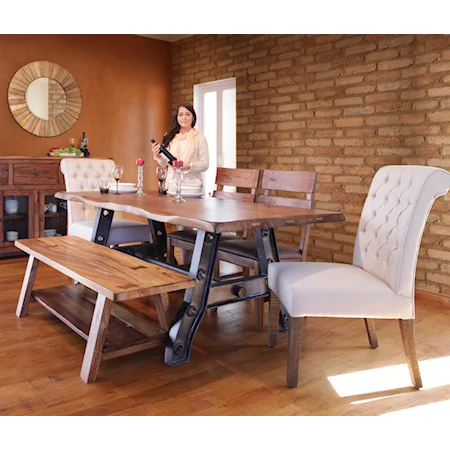 Trestle Table with Iron Base with Bench and Chairs Set